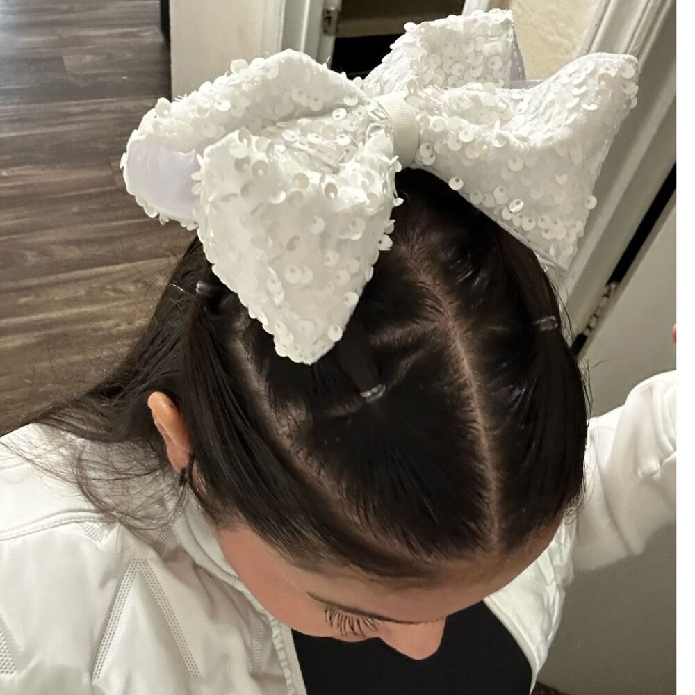 White Sequin Hair Bow for Girls – Large Glitter Bow with Alligator Clip, Elegant